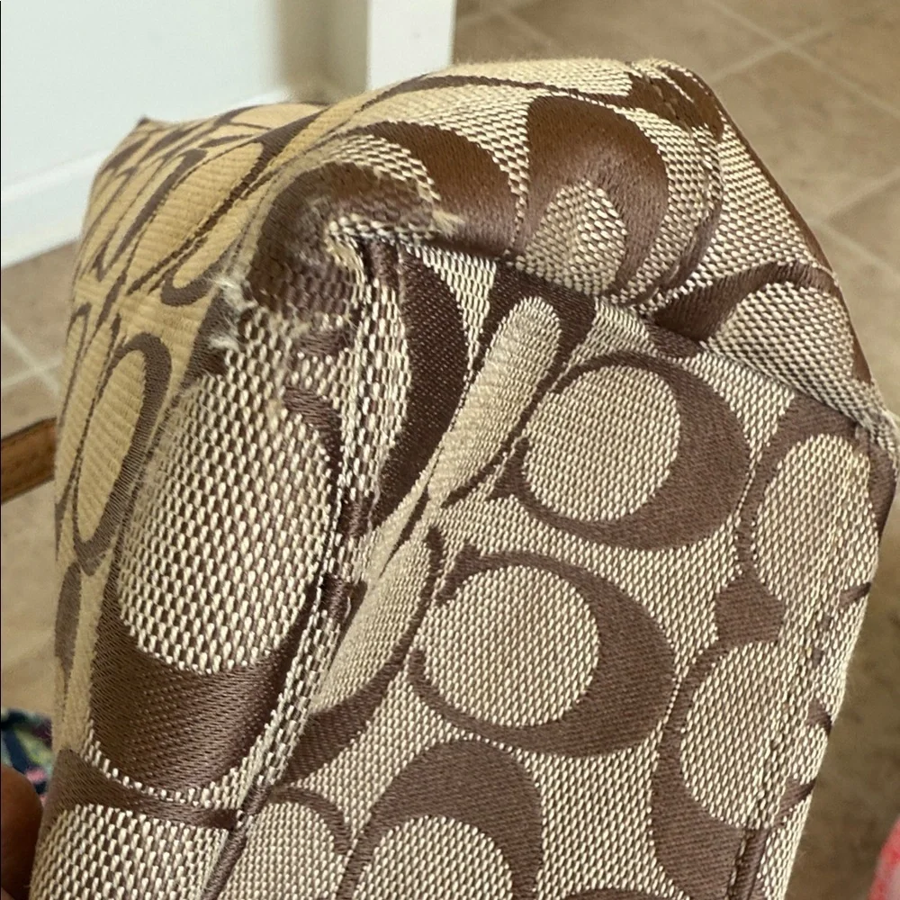 Coach Brown and Tan Signature Tote with Pink Accents